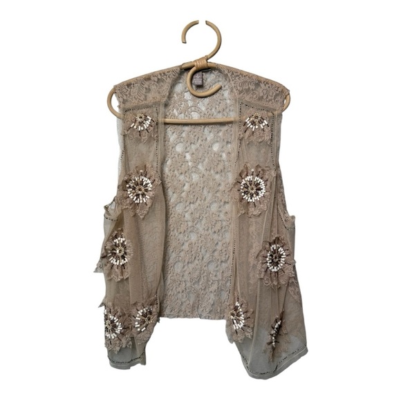 Chico’s Beaded Embroidered Sheer Mesh Beige Bohemian Festival Vest Size 2 (M/L) - Picture 2 of 12